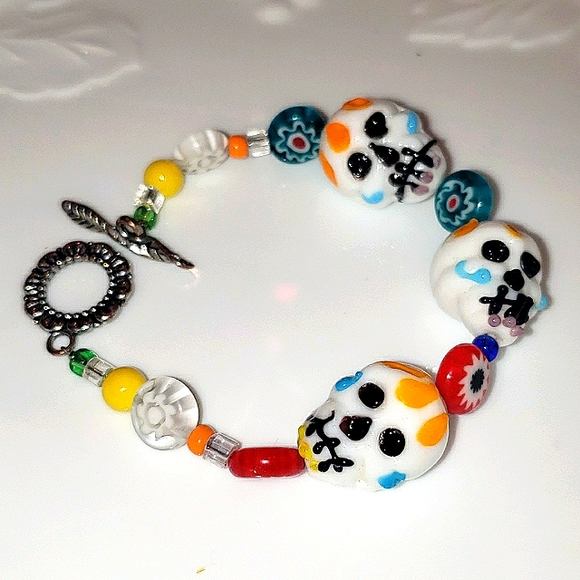 Vintage Jewelry - Sugar skull glass beads toggle bracelet